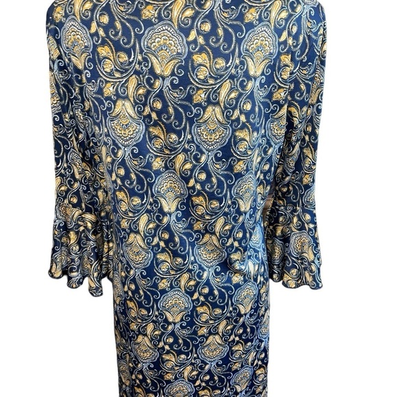 Perseption Concept Women's Dress Size L Blue Gold Knee Length Bell Sleeves - Picture 5 of 7